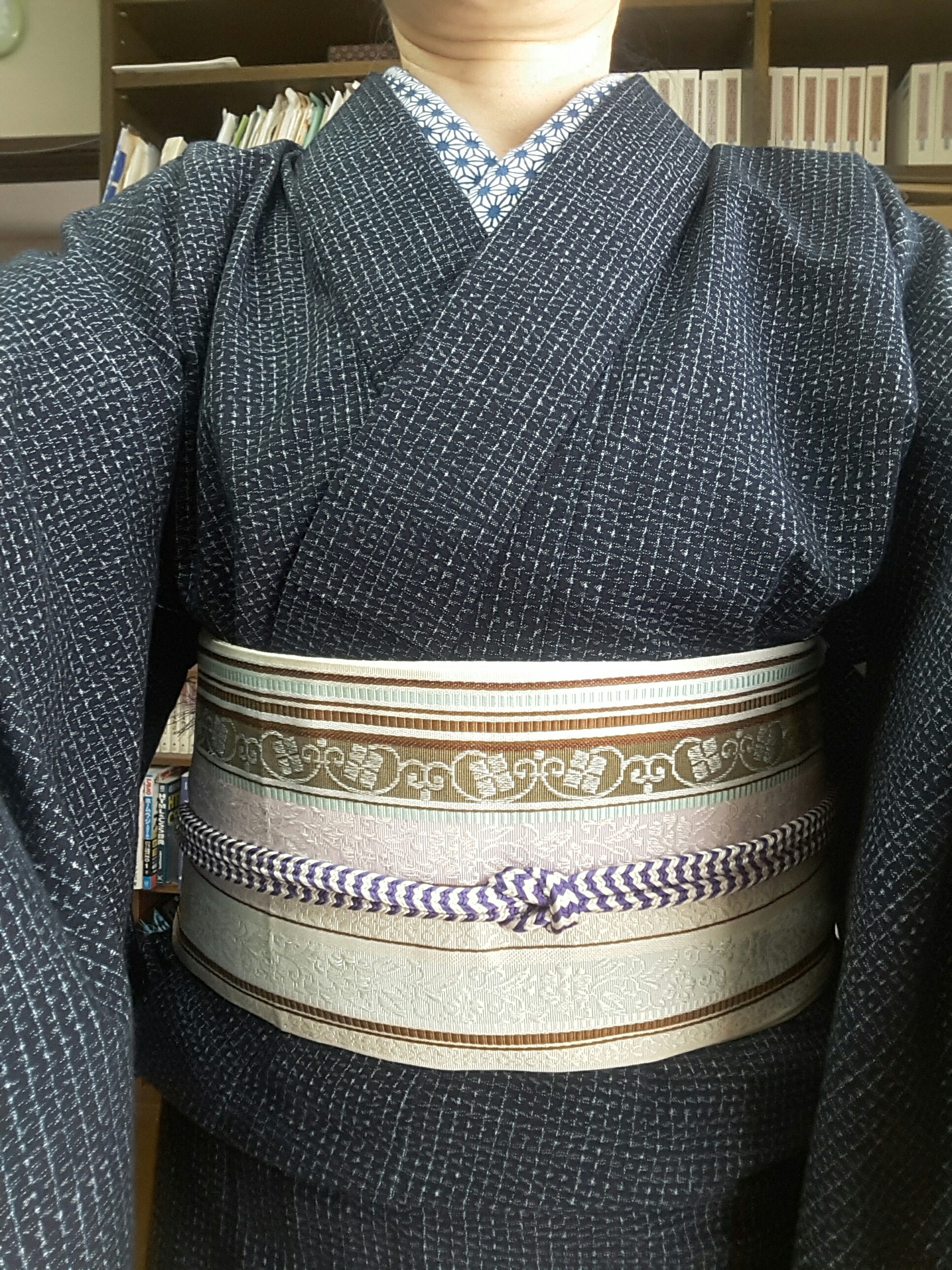 古布　着物リメイク書生絣、久留米絣　型染めのロ−ルカラージャンパースカート