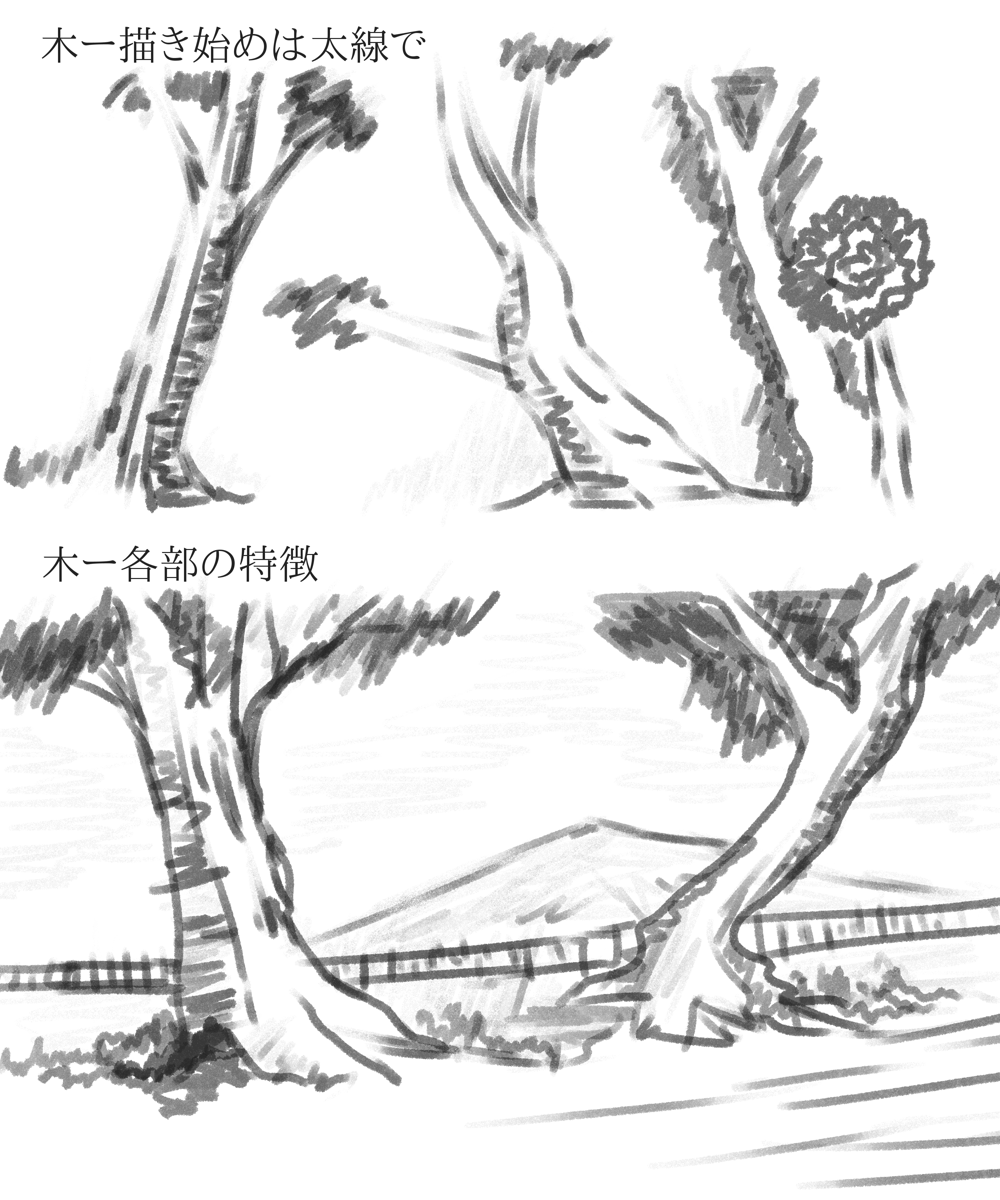 絵が上手くなるために色々な物を描くためのブログ ジャック ハムの風景画の描き方で背景を描く その１の１８ 木の幹