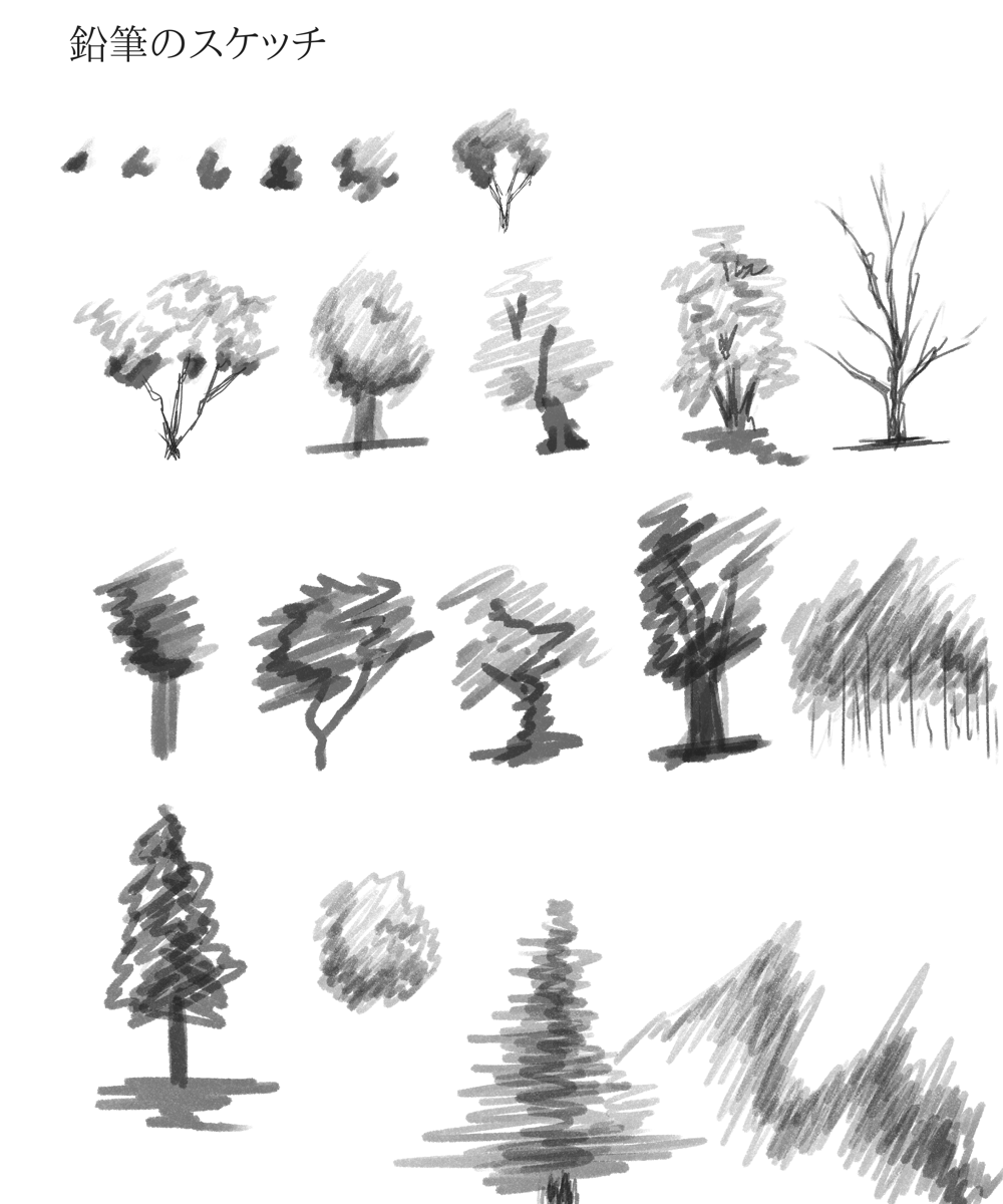 ジャック ハムの風景画の描き方で背景を描く その１の１９ 鉛筆のスケッチ 木の表情 絵が上手くなるために色々な物を描くためのブログ