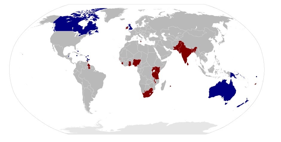 青が現在の英連邦王国。赤がかつて英連邦王国であった国。